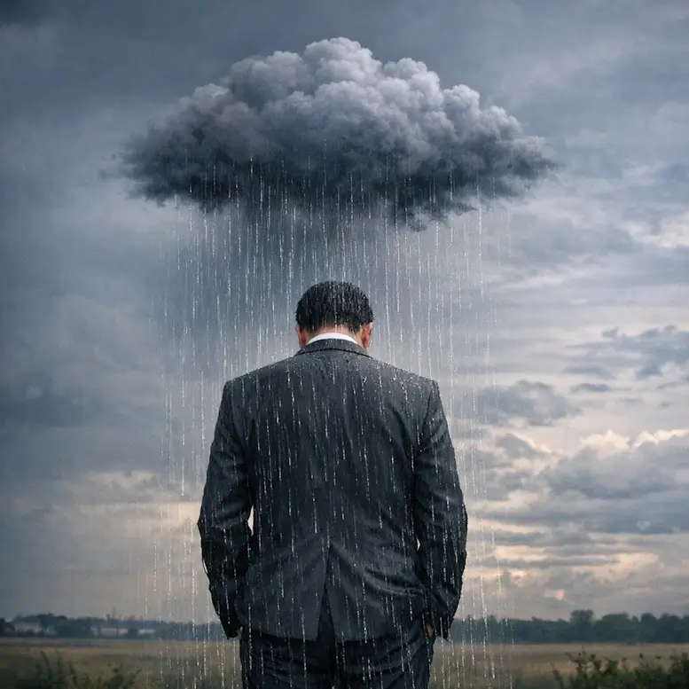 Un homme vu de dos subit la pluie d'un orage.