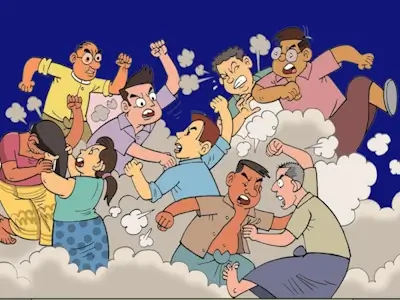 Dessin humoristique d'une bagarre générale, illustrant l'absurdité des conflits inutiles