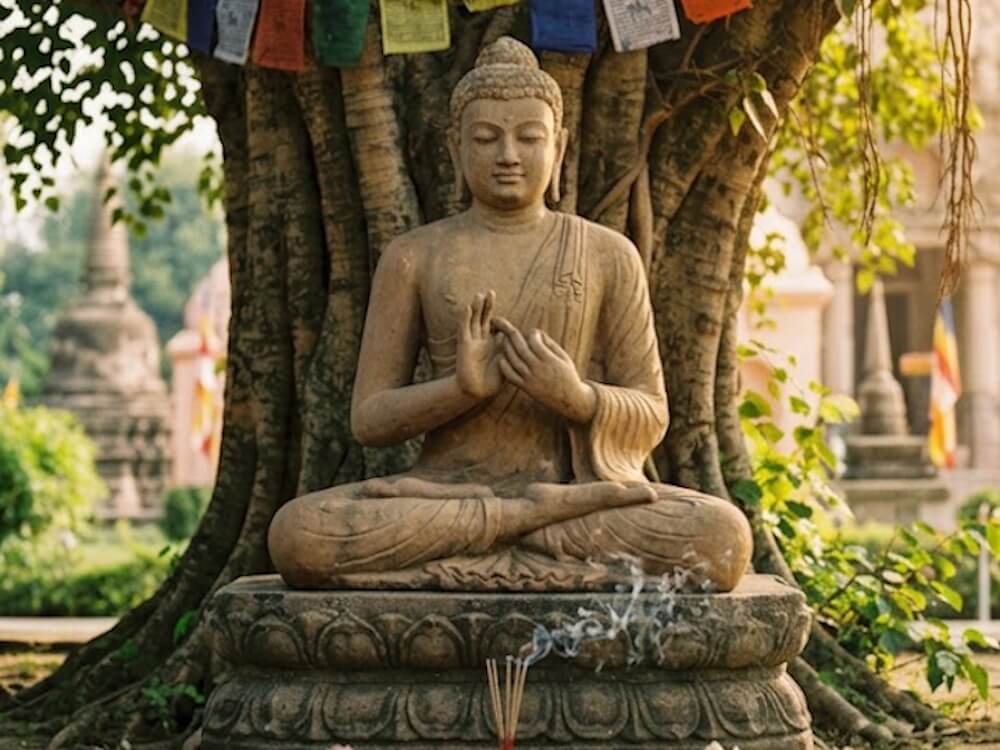 Bouddha en prière les yeux fermé devant un arbre.