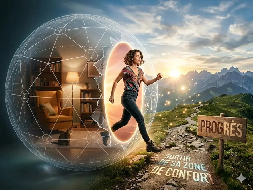 Une dame sort d'une bulle vers un chemin lumineux