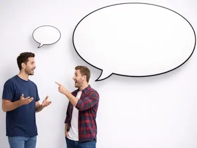 Deux hommes conversent, avec une petite et une immense bulle de paroles au-dessus d’eux. 