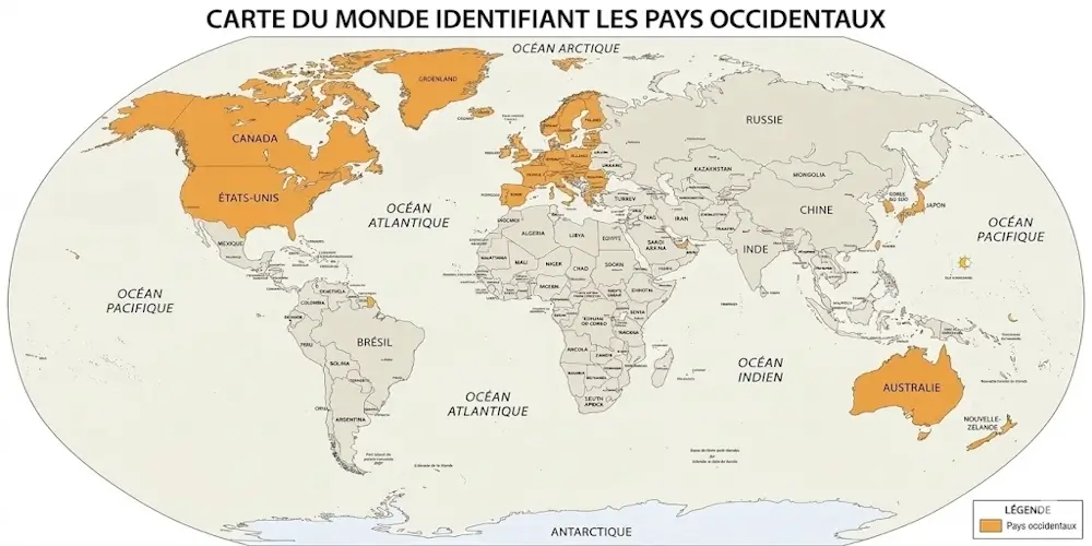 Carte du monde mettant en évidence les pays occidentaux&nbsp;: Europe, Amérique du Nord, Australie