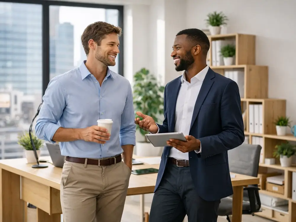 Deux hommes dans la vingtaine discutent allégrement au bureau.