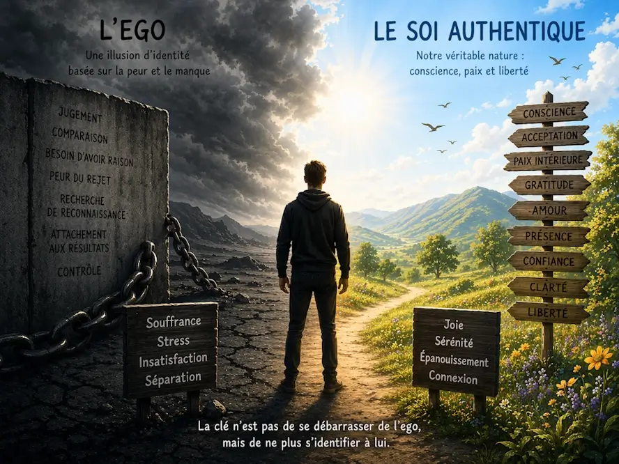 A gauche une colonne titrée L'ego ; un homme debout au milieu ; à sa droite colonne titrée Le soi authentique