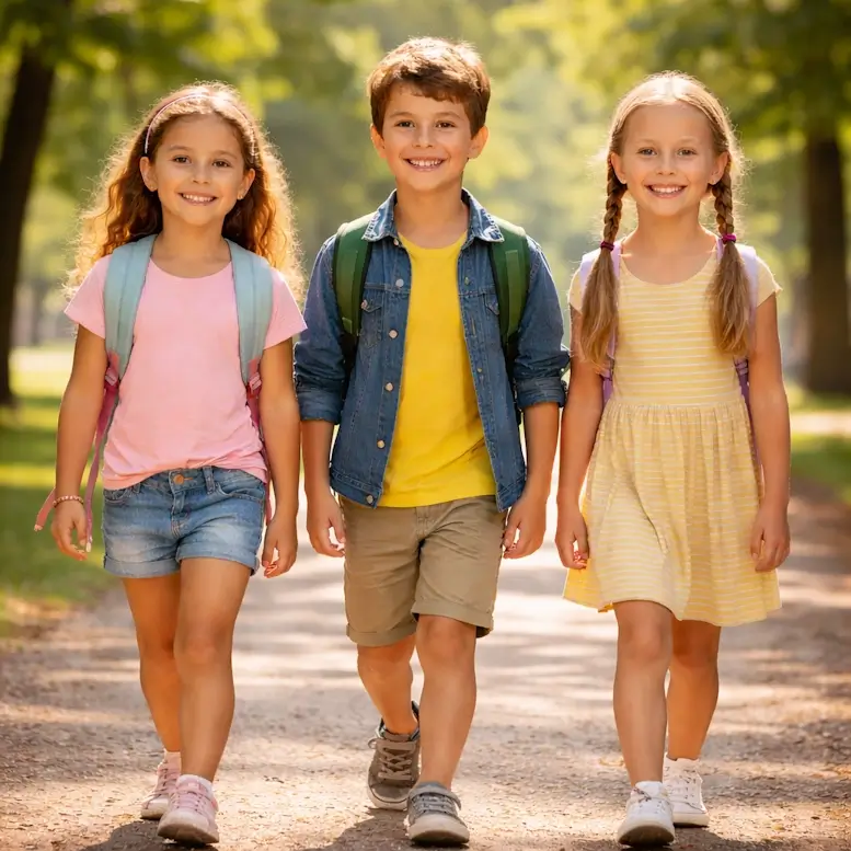 Trois enfants d'environ 11 ans marchent à la même vitesse.