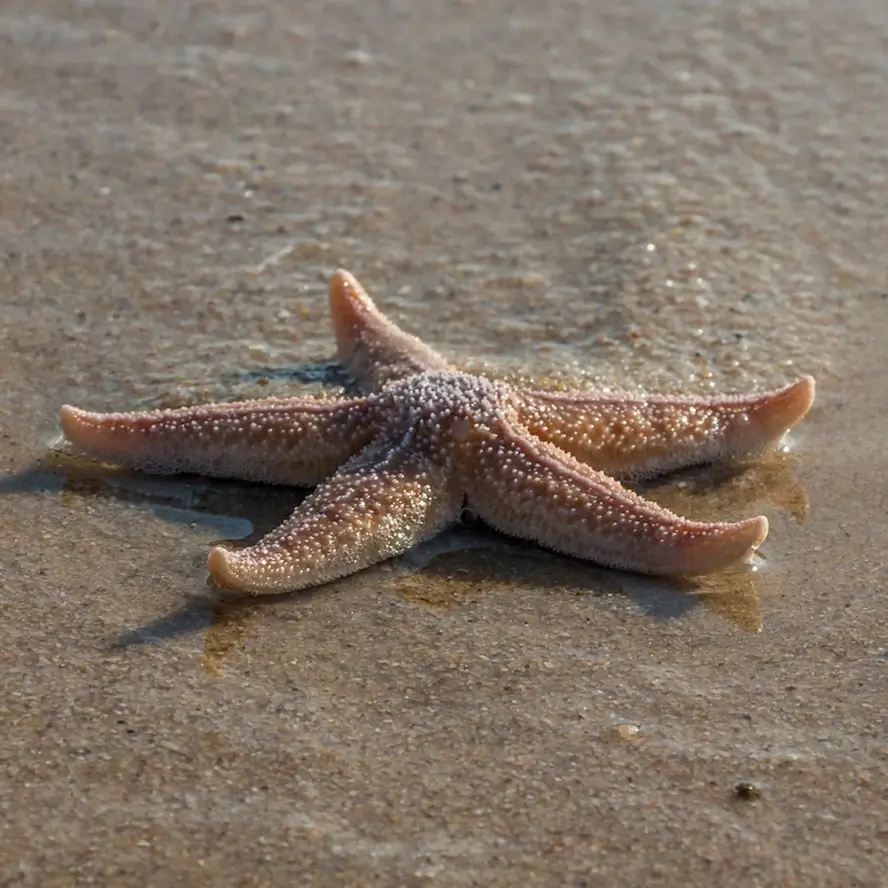 Une étoile de mer orange et brune échouée sur le sable d'une plage, hors de l'eau