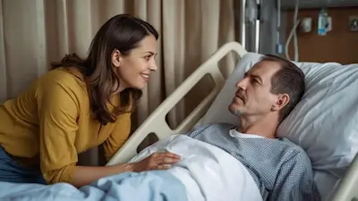 Une femme réconforte son amoureux malade à l'hôpital - Soutien émotionnel dans le couple.