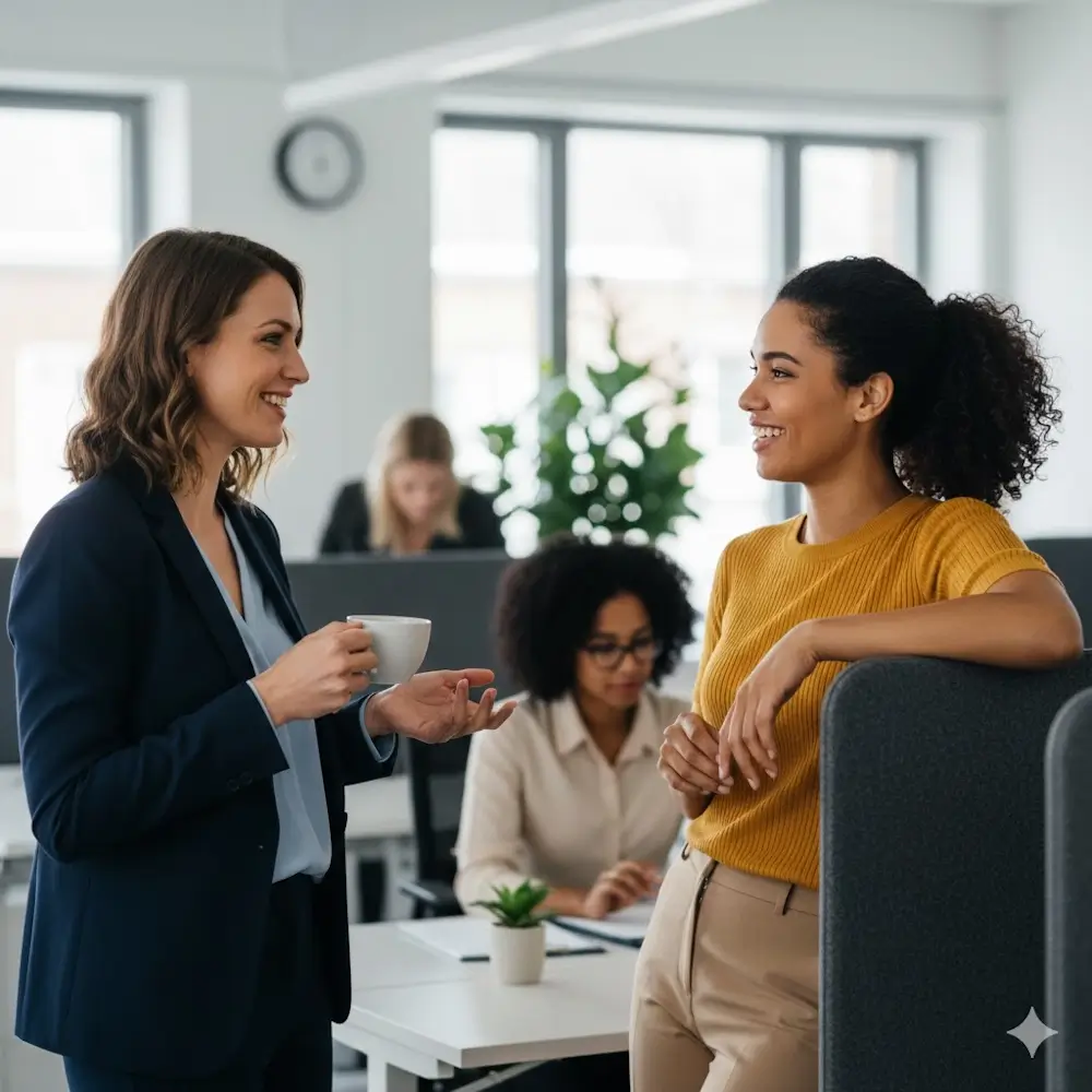Deux femmes dans la vingtaine discutent allégrement au bureau.