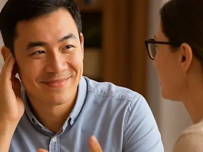 Un homme sourit et écoute attentivement une dame.