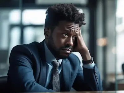 Un jeune triste et irrité tient sa tête avec sa main gauche.