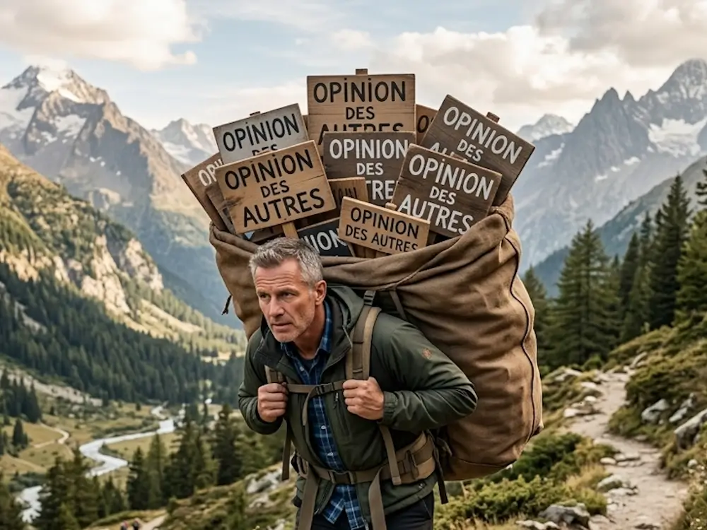 Un homme porte plusieurs panneaux qui affichent : Opinion des autres.