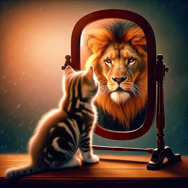 Un chaton qui se voit comme un lion dans un miroir.