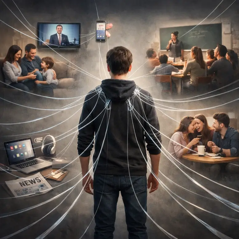 Une jeune homme relié avec des fils à ses influences de croyance : école, ami, famille et Internet