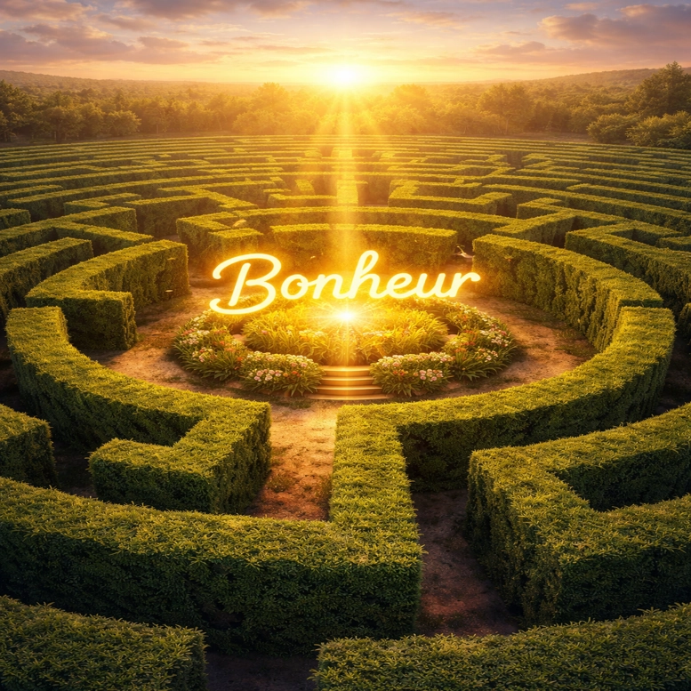 Un labyrinthe en gazon avec le mot 'bonheur' au centre