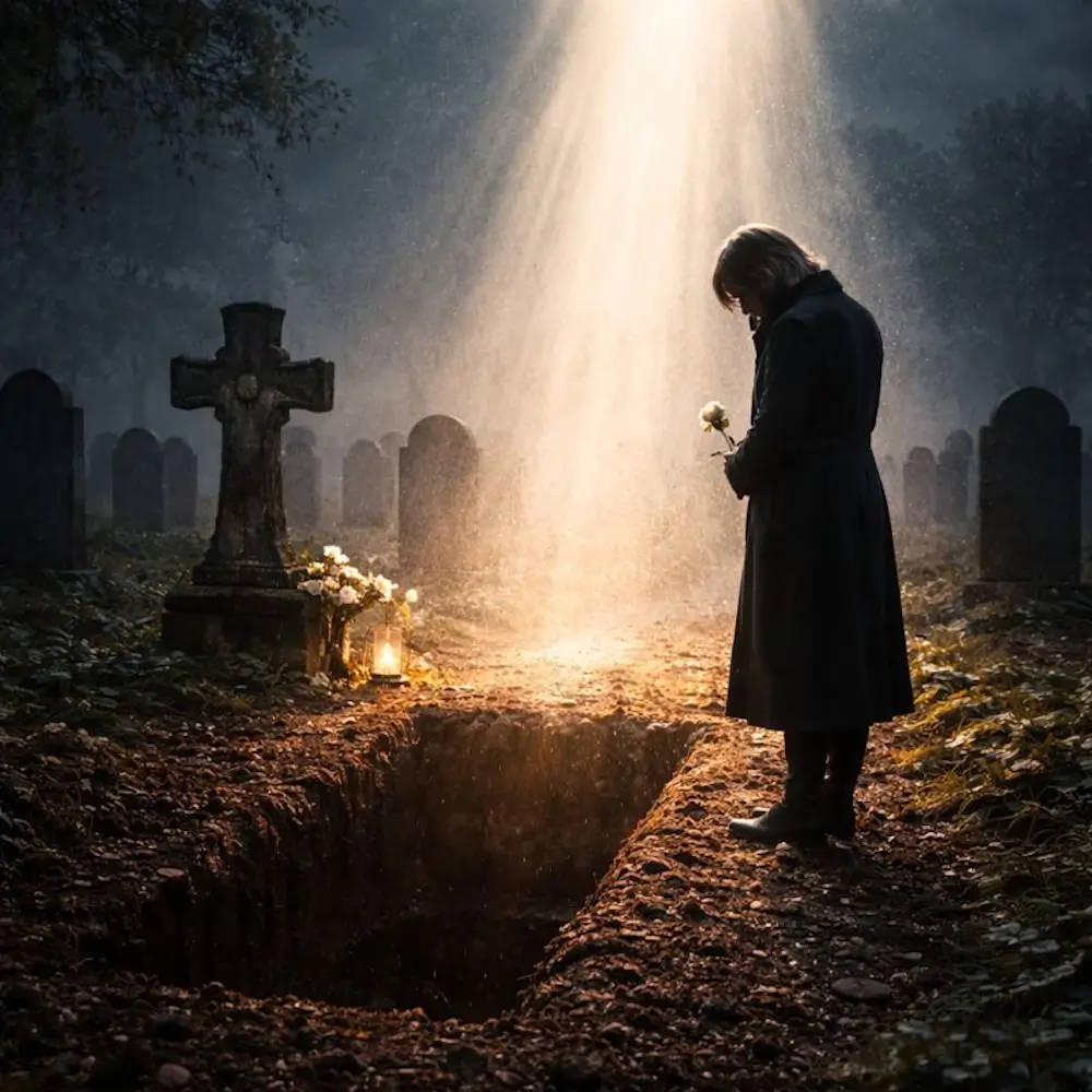 Une lumière venue du ciel éclaire une tombe.