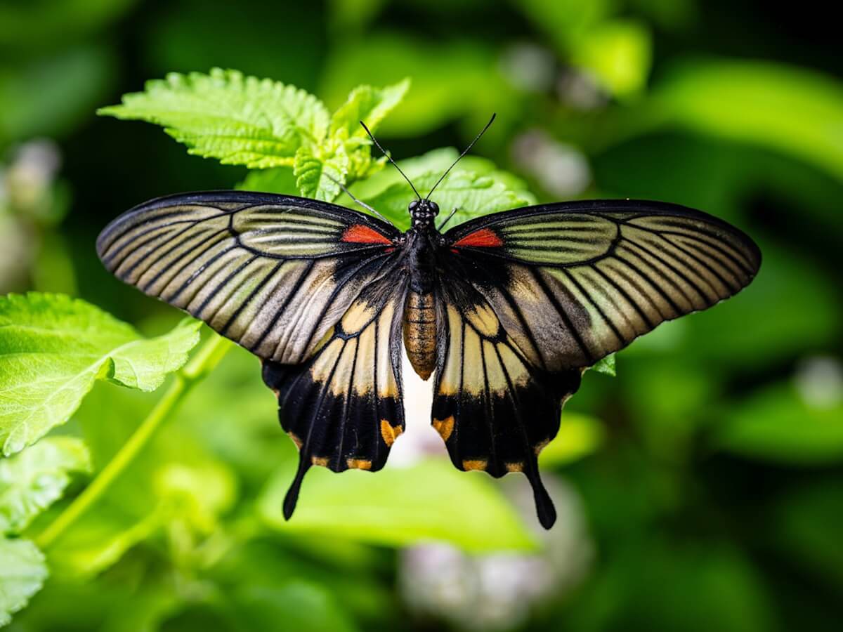 Un papillon en partie transparent noir, brun et jaune