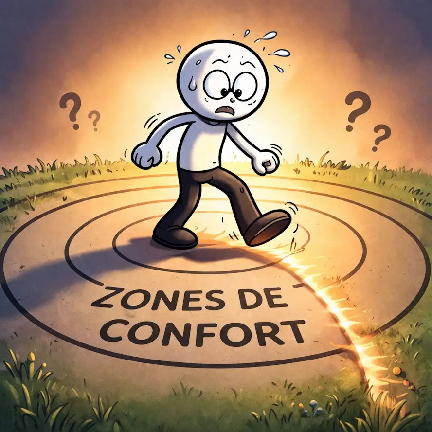 Un bonhomme hésite à sortir de cercles intitulés&nbsp;: Zones de confort
