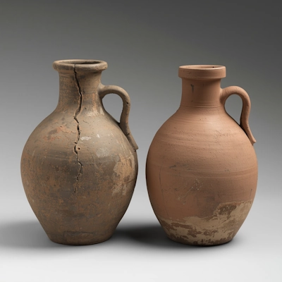 Deux pots de terre anciens. Celui de gauche est fêlé.