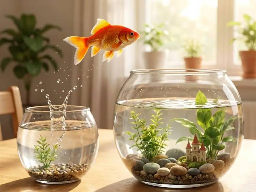 Un petit poisson saute d'un bol vers un autre bol plus grand.