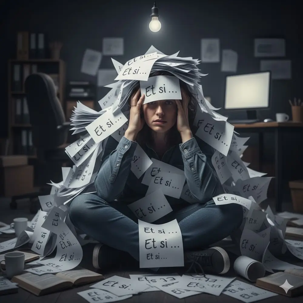 Une personne assise, écrasée sous une pile de papiers comportant les 2 même mots : Et si
