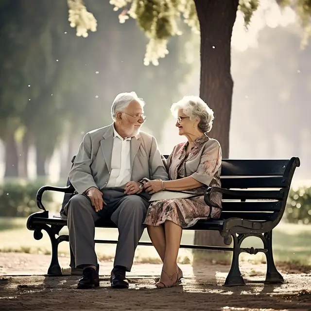 Un couple âgé assis sur un banc de parc.