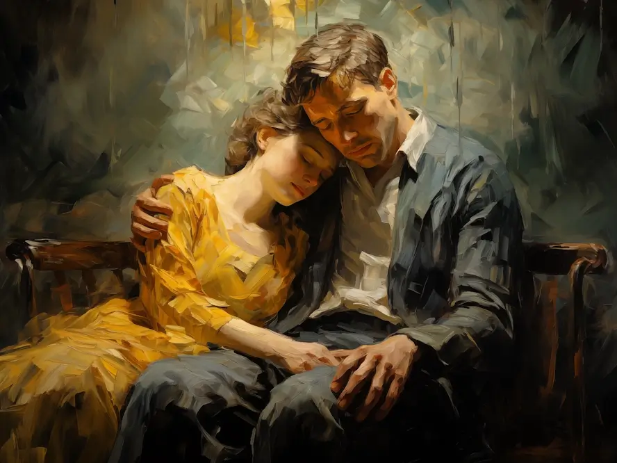 Tableau peint d'un couple triste enlacé
