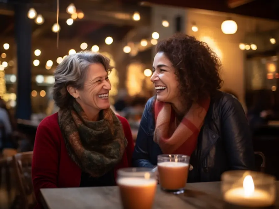 Deux femmes au restaurant sourient largement