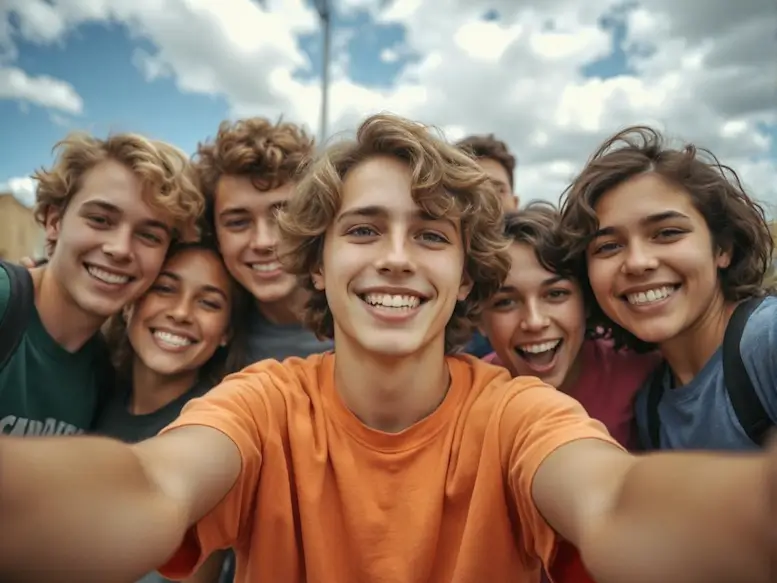 Une groupe d'adolescents prend un selfie.