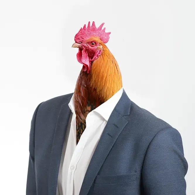 Le buste d'un homme surmonté d'un tête de coq