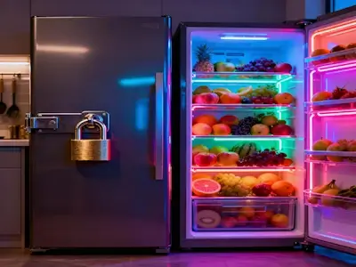 Un réfrigérateur fermé à clé, près d'un autre ouvert qui contient de bon fruits frais.