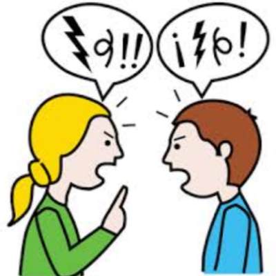 Dessin d'un conflit entre un garçon et une fille, incluant des bulles contenant des symboles d'insultes.