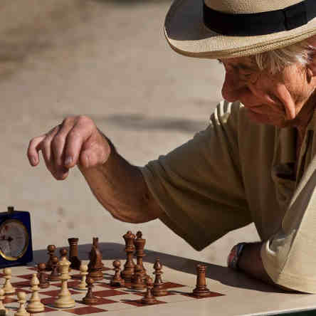 Un vieil homme jouant aux échecs dans le Jardin du Luxembourg