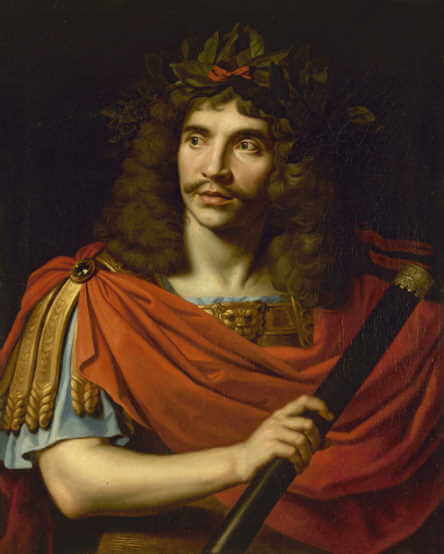 Molière à 36 ans cheveux longs portant une toge remaine.