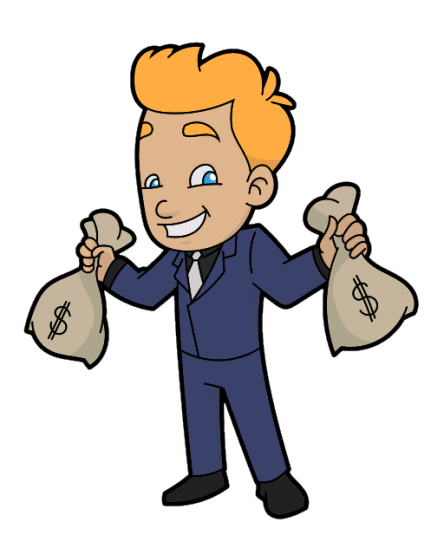 Dessin d’un jeune homme qui tient deux sacs d’argent.