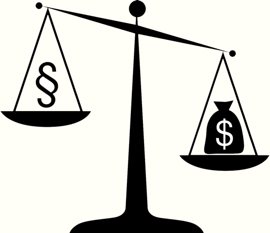 Balance à plateaux, plus lourde à droite avec un signe de dollars