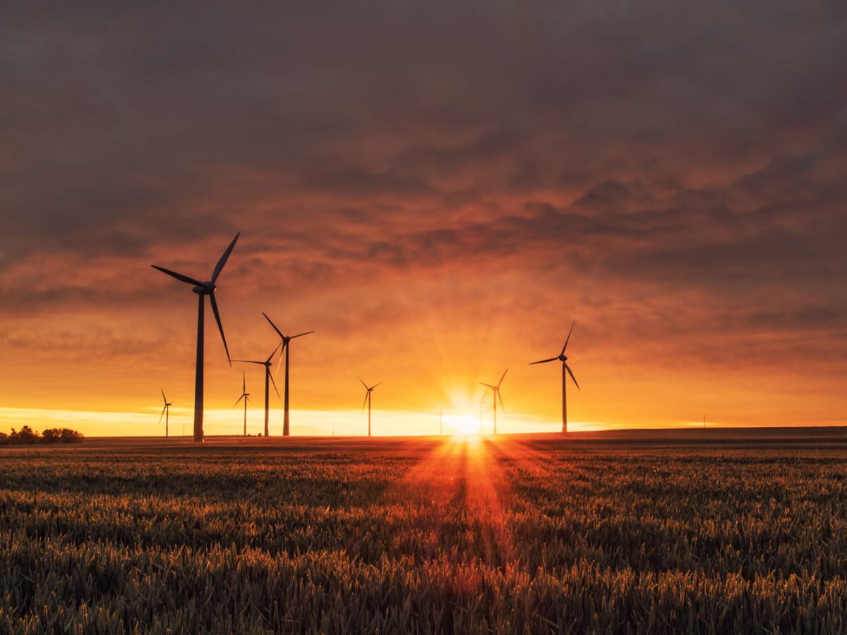 Plusieurs éoliennes devant un lever de soleil
