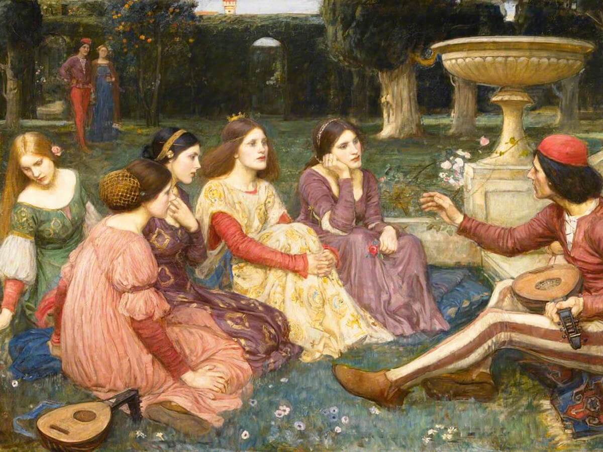 Au Moyen Age, un musicien parle à des jeunes filles.