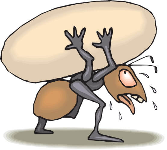 Dessin d’une fourmi qui peine à supporter un menhir sur son d'os.
