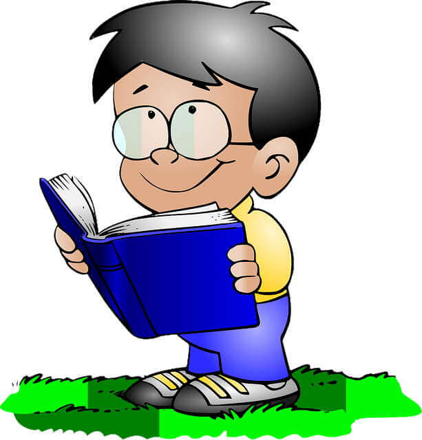 Dessin d’un gamin qui tient un livre dans ses mains et semble lire.