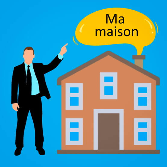 Dessin d’un homme qui pointe une maison.