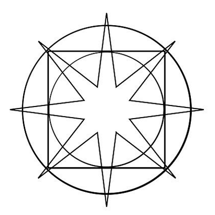 Une étoile, dans laquelle se trouve un carré entouré d'un cercle.