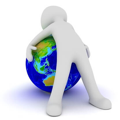 Un bonhomme appuyé sur un globe Terrestre.