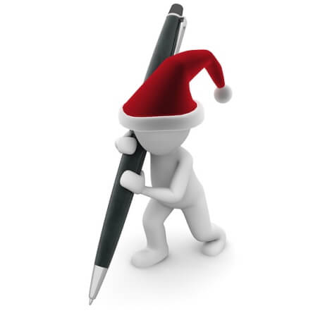 Un bonhomme écrit avec un stylo énorme.