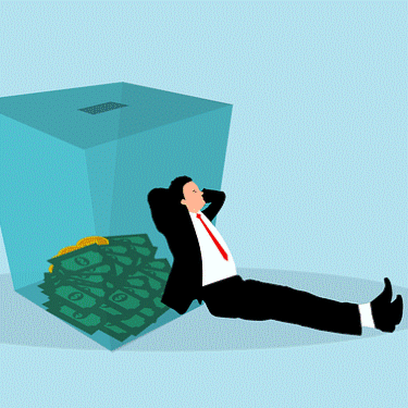 Un homme appuyé sur une grande quantité d’argent