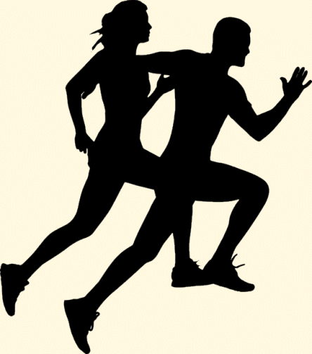 Silhouette d’un homme et d’une femme qui courent ensemble.