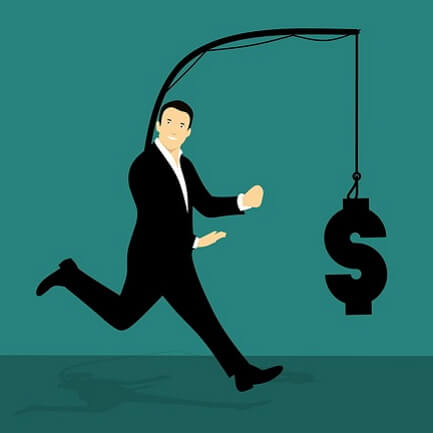 Dessin d’un homme courant vers des billets de banque suspendus devant lui.