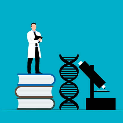 Dessin d’un homme, de livres et d’un microscope
