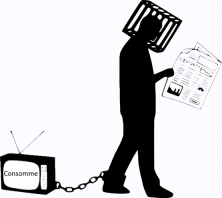 Dessin simple d’un homme attaché à une télévision qui affiche : consomme.