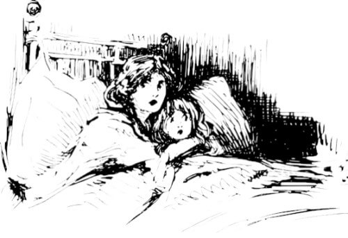 Une femme et une gamine terrifiées dans un lit