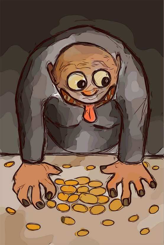 Dessin d’un homme avide devant des pièces d’or